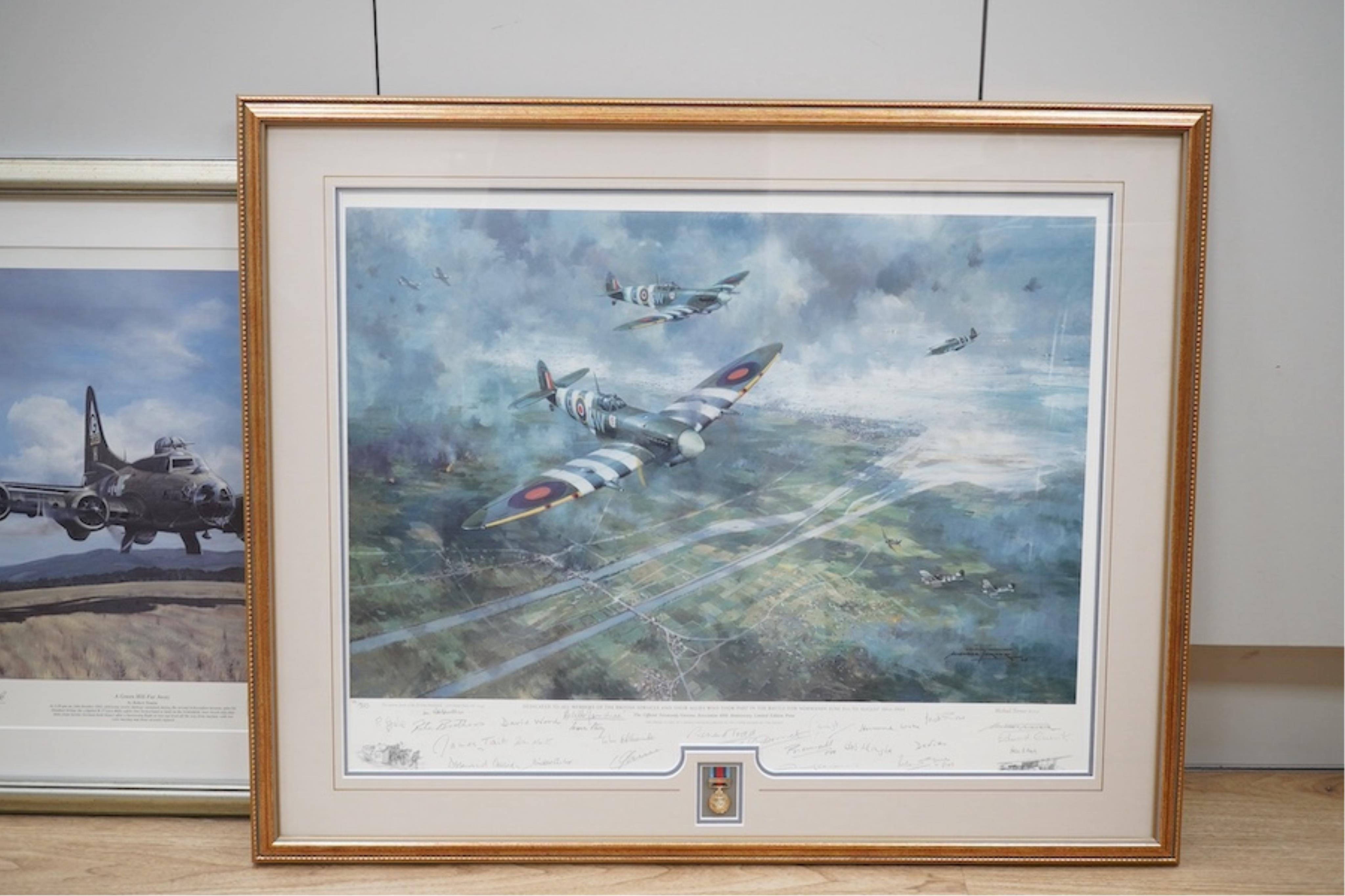 Two military aviation interest colour prints comprising: Michael Turner, ‘The Battle for Normandy’, and Robert Tomlin, ‘A Green Hill Far Away’, each in signed in pencil and limited edition, largest 48 x 64cm. Condition -